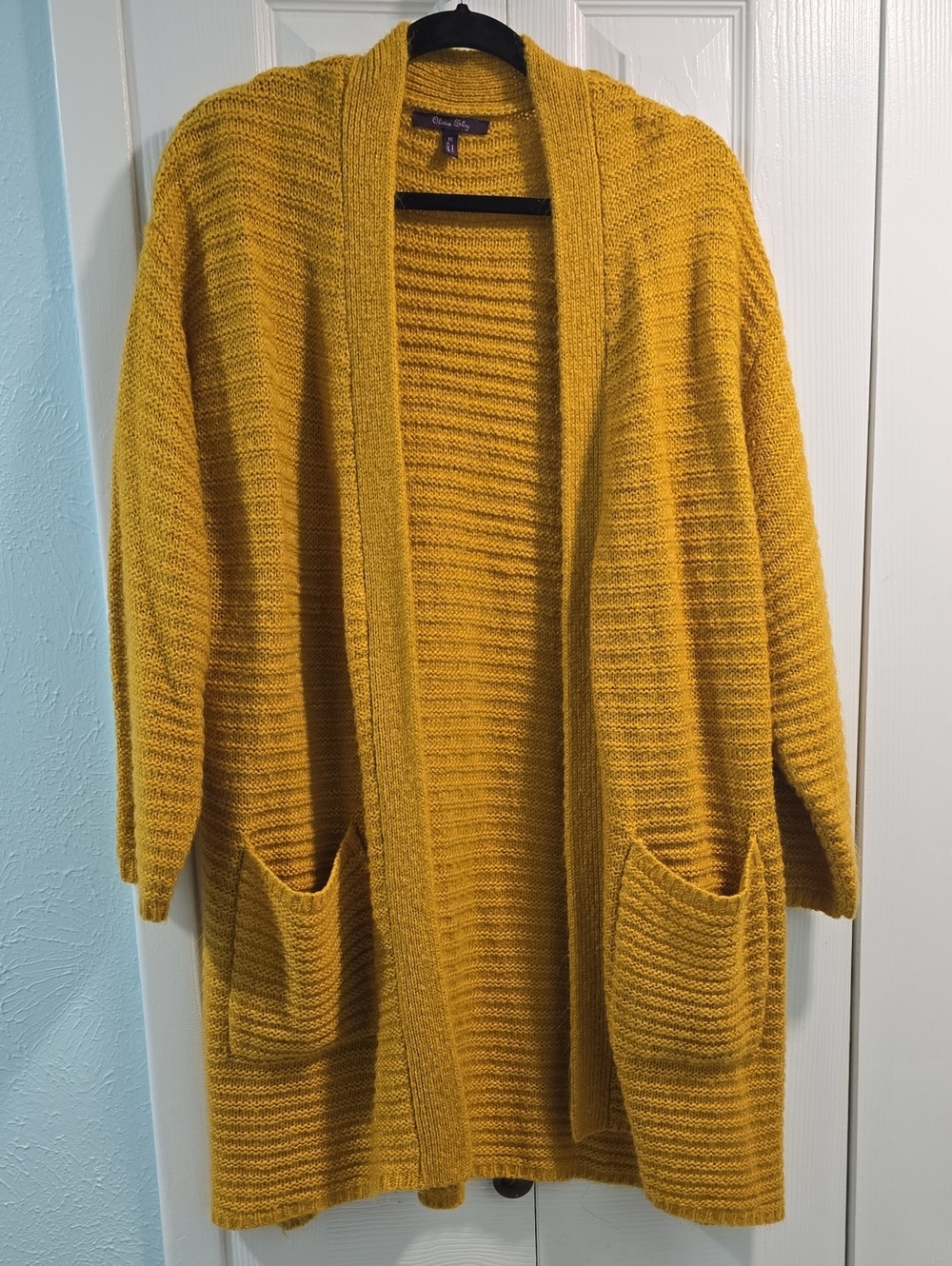 Olivia Sky Open-Front Mustard Cardigan Sweater